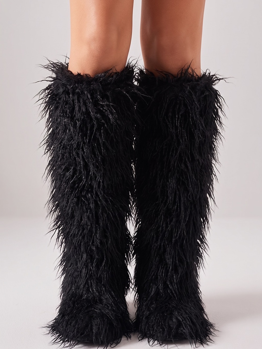 Tall Black Shaggy Faux Fur Knee High Boots EU 45 US 11.5-12 Y2K Yeti Rave NWOT